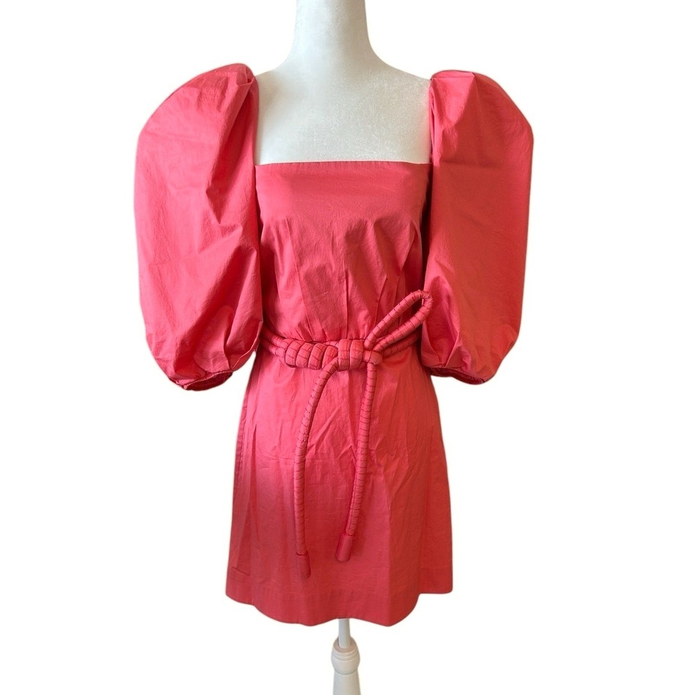 Johanna Ortiz Puff Sleeve Coral Mini Dress SZ‎ 4 Belted Camelia Rhythm Coquette